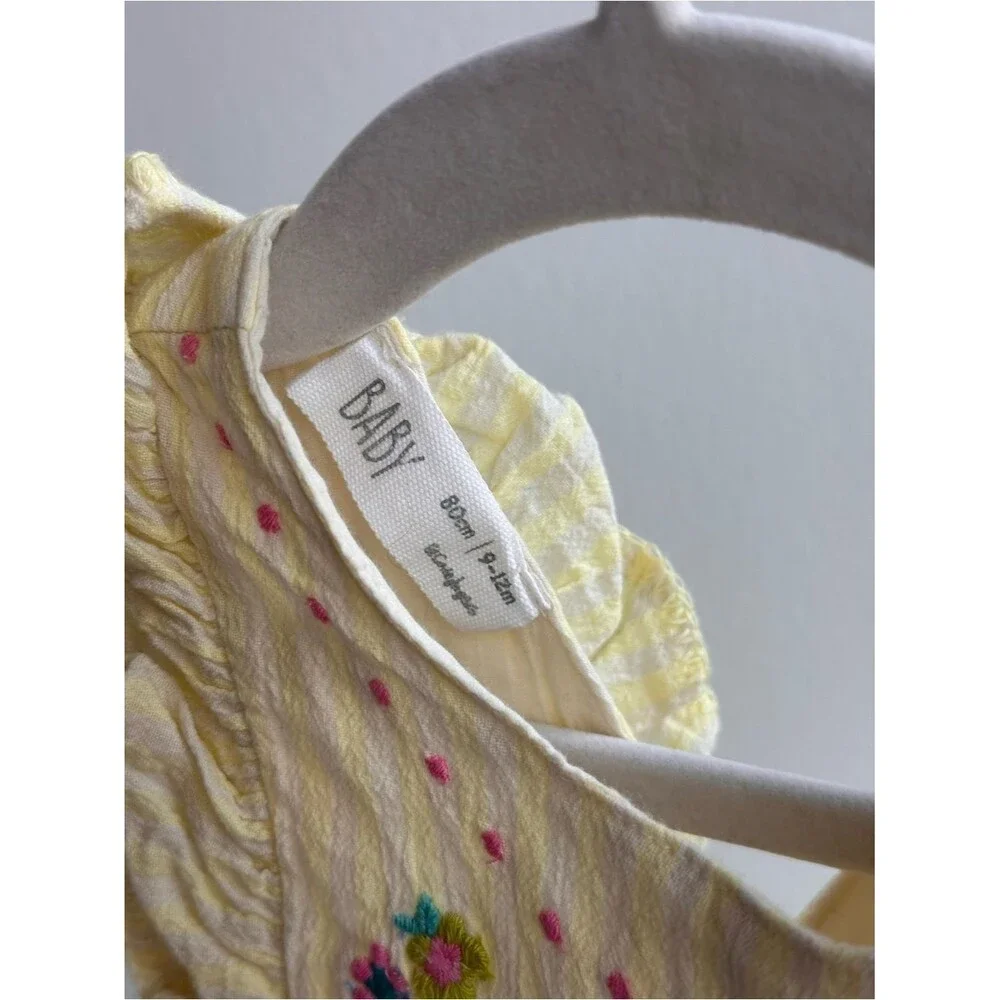 Yellow Striped Embroidered Ruffle Dress